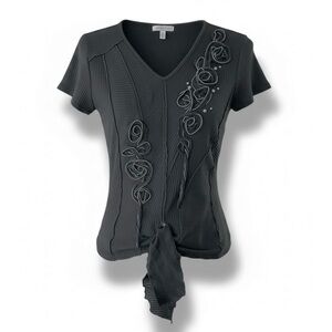 4/$20 Vintage KOOS Lagenlook Art Wear Black Ribbed Cotton Tie Front Top Blouse S